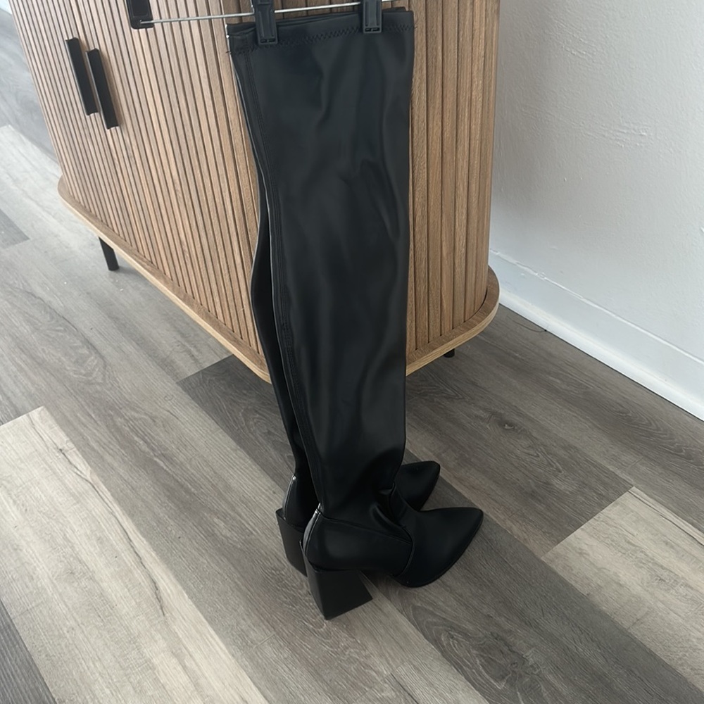 Black Pu Square Toe High Block Over The Knee Boots - image 6